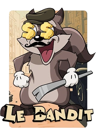 Le Bandit slot raccoon character with dollar sign eyes holding crowbar in cartoon Paris