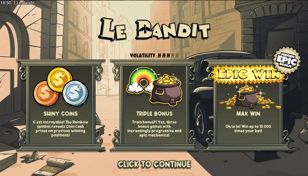 Intro screen with shiny coins, rainbow triple bonus, and max win feature in cartoon slot interface